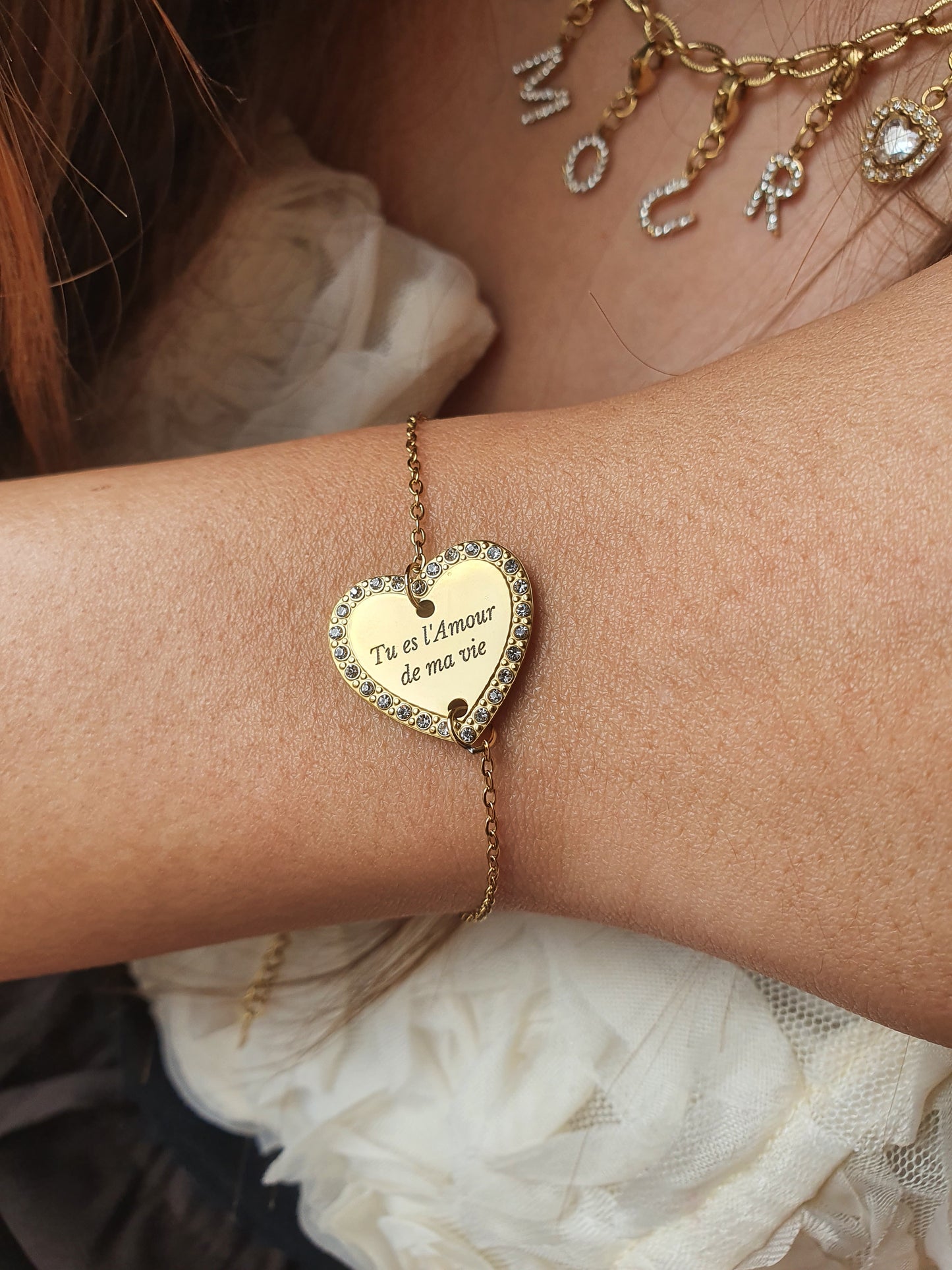 Bracelet coeur zircons à graver | Coloris au choix