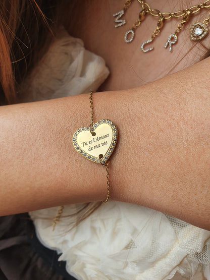 Bracelet coeur zircons à graver | Coloris au choix