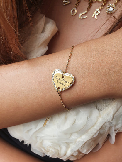 Bracelet coeur zircons à graver | Coloris au choix