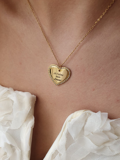 Collier coeur zircons à graver | Coloris au choix