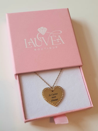 Collier coeur zircons à graver | Coloris au choix