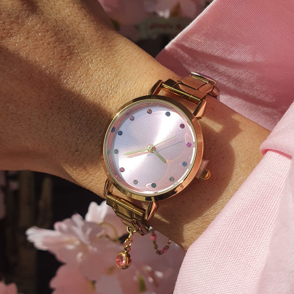 Montre Bracelet Italien à personnaliser – TEMIS – Dorée (cadran rose)