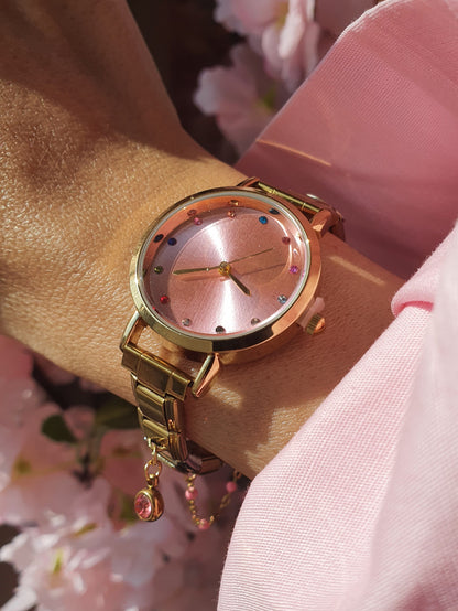 Montre Bracelet Italien à personnaliser – TEMIS – Dorée (cadran rose)