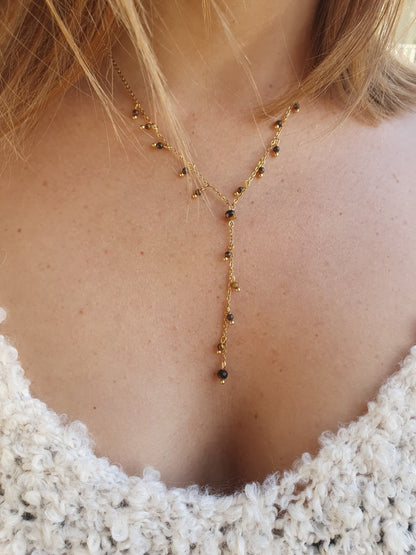 Sautoir petites perles pierre naturelle  - doré / oeil de tigre