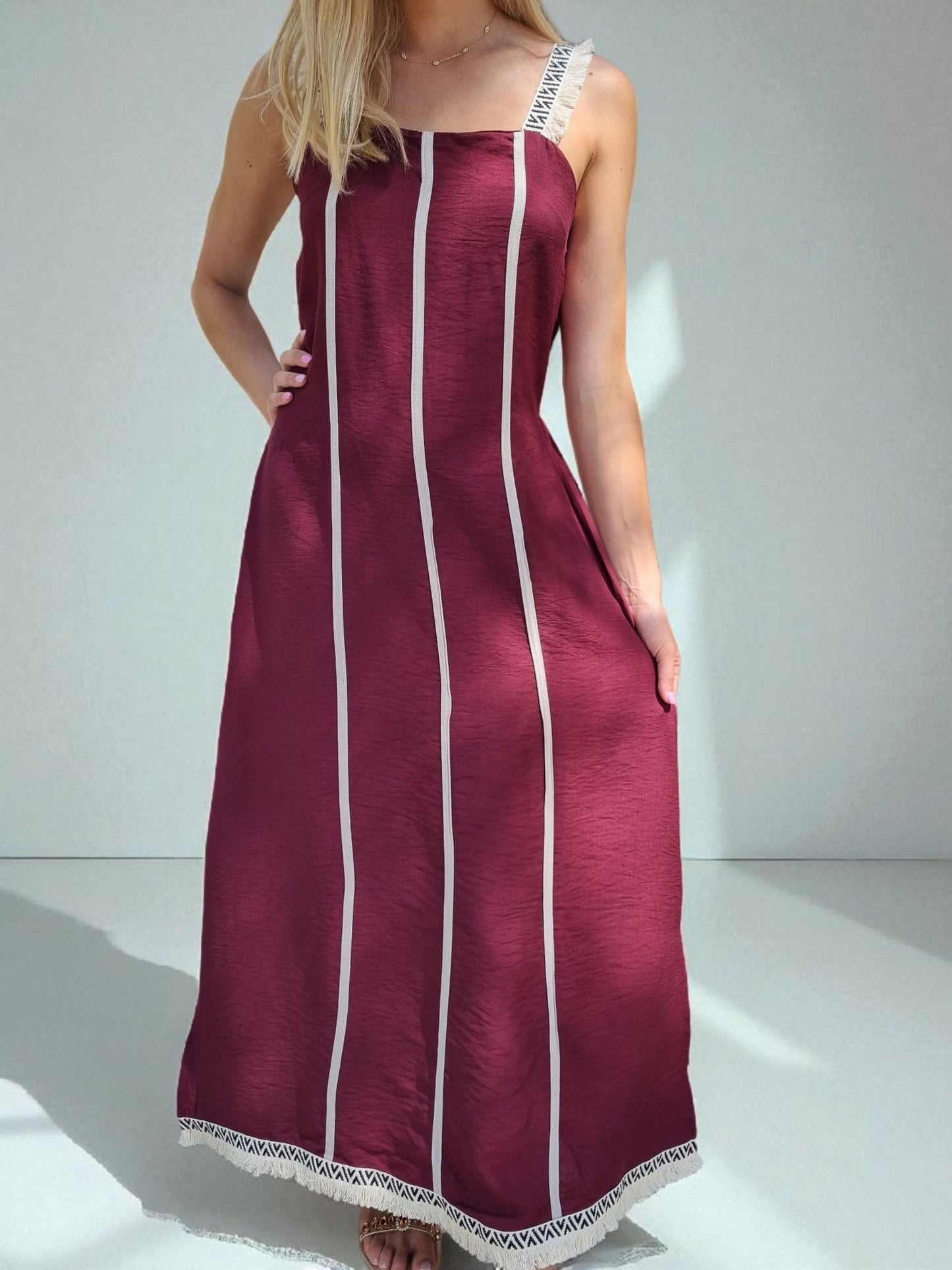 Robe longue bretelles franges - bordeaux