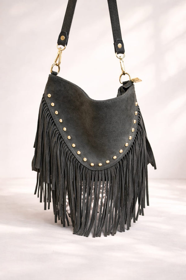 Sac bandoulière clouté à franges en cuir