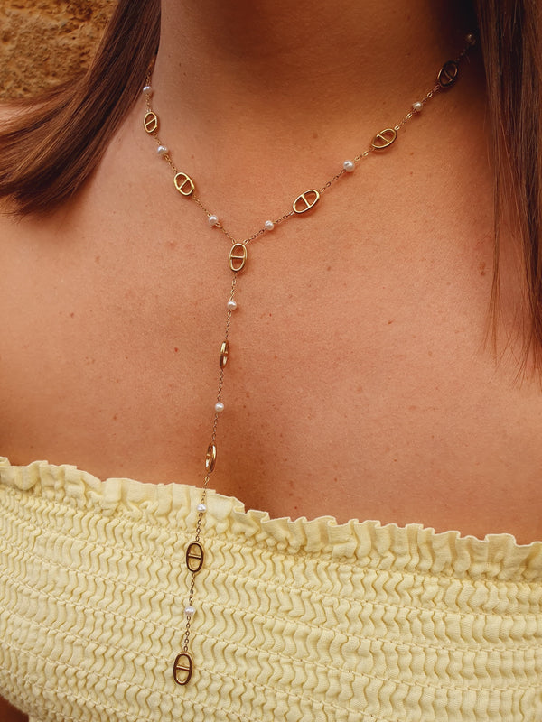 Sautoir maille marine & perles d'eau douce