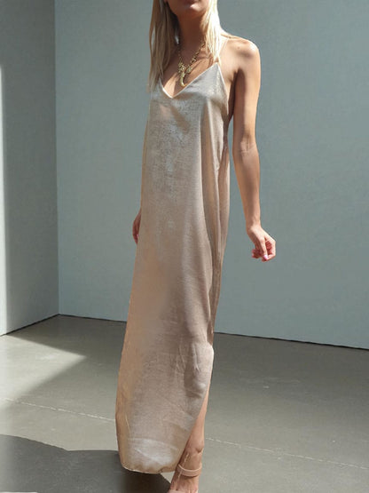 Robe longue bretelles croisées & perlées - champagne