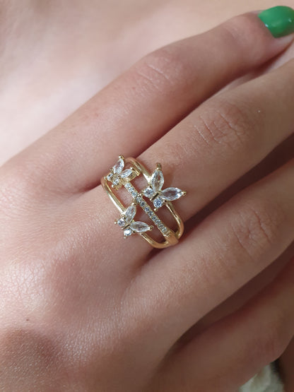 Bague triple rang papillons et zircon- doré