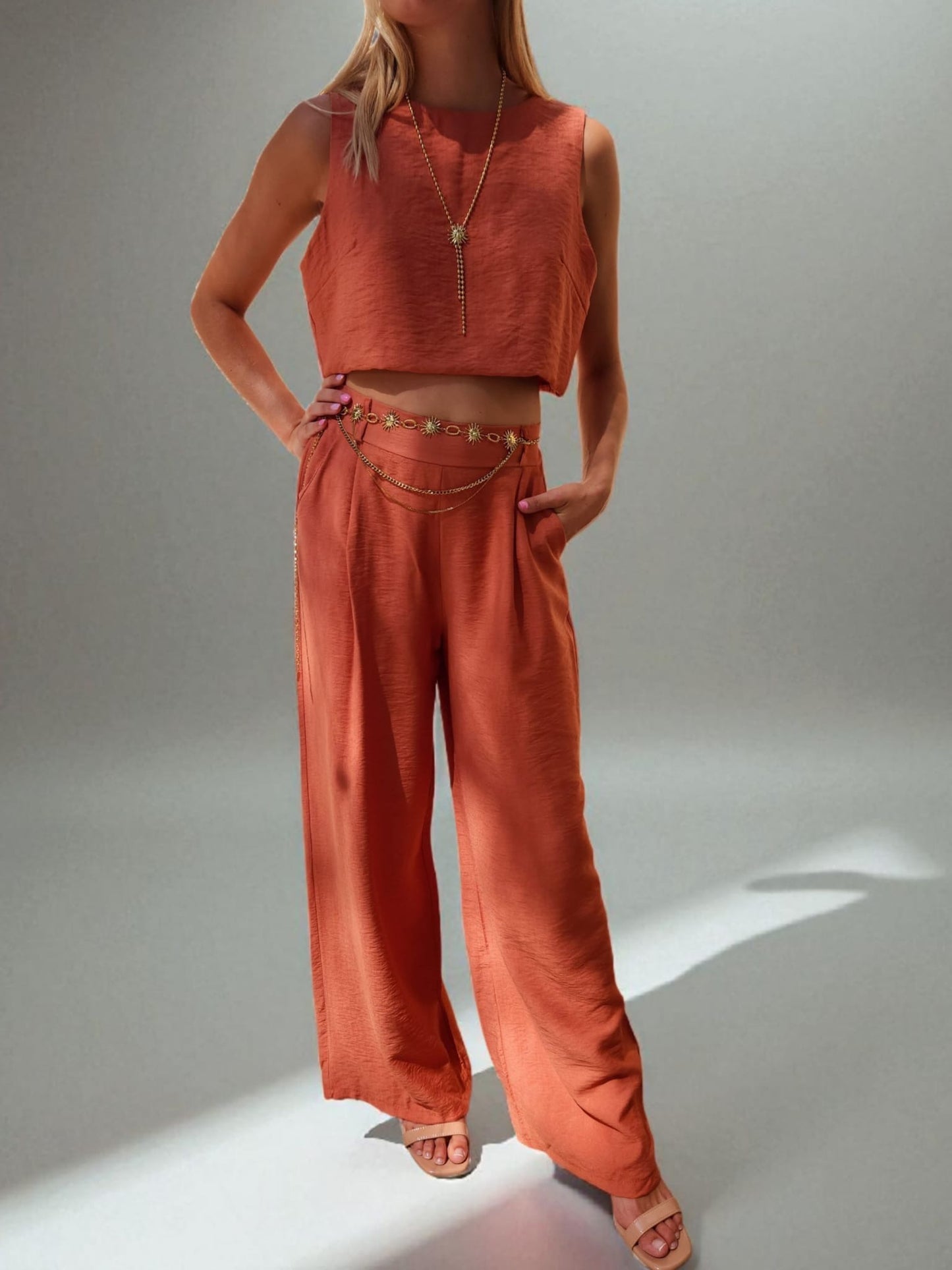 Ensemble Palazzo & Crop Top en Lin & Coton - Terracotta