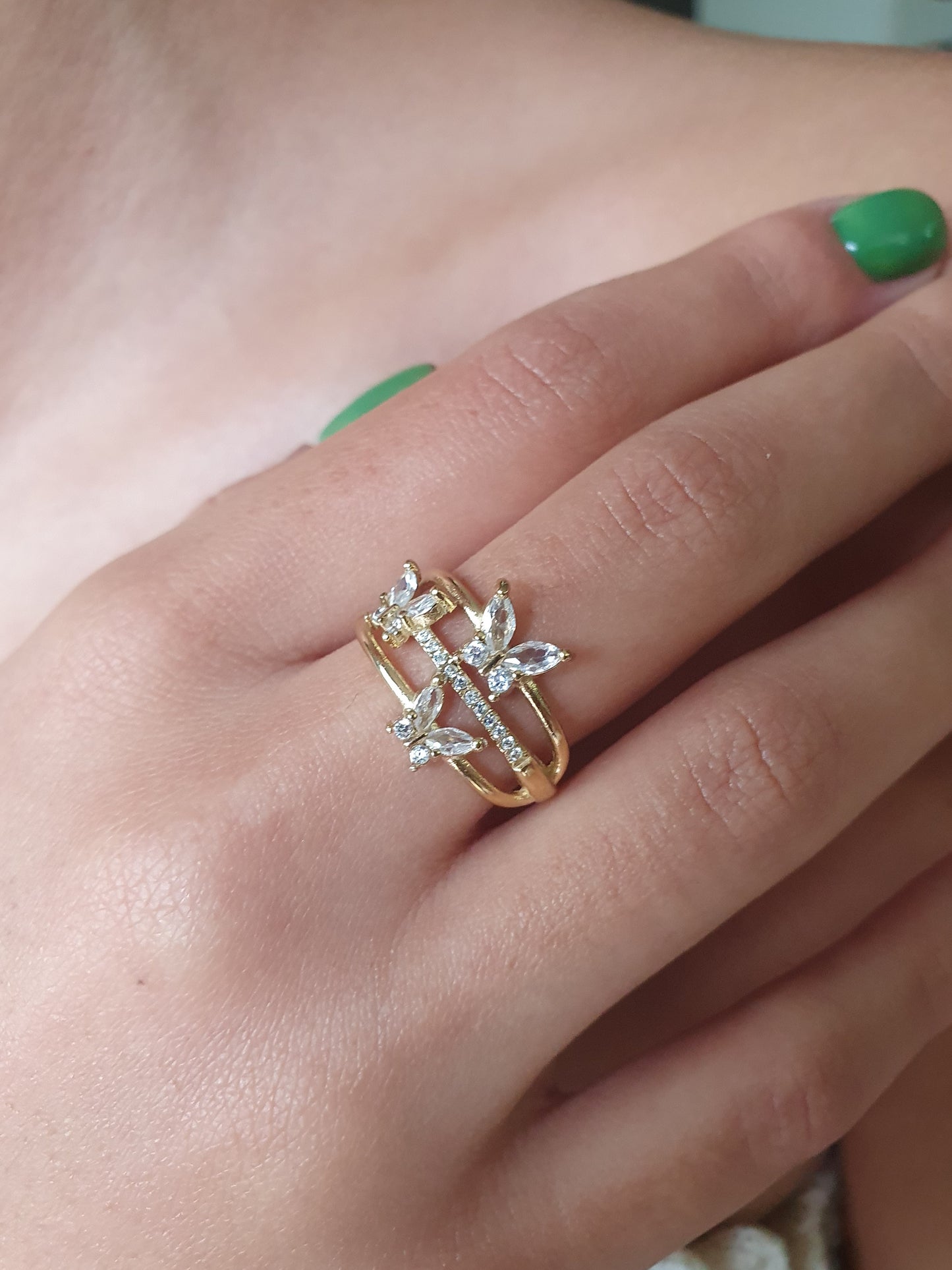 Bague triple rang papillons et zircon- doré