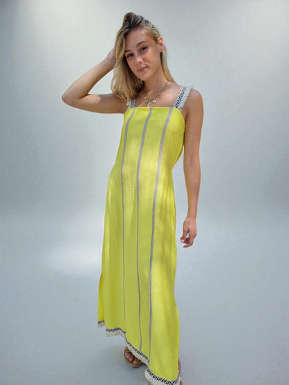 Robe longue bretelles franges - jaune