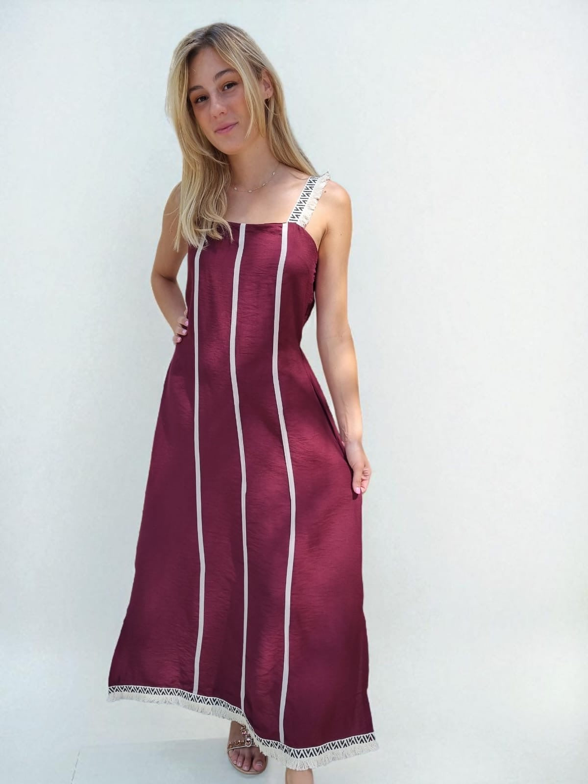 Robe longue bretelles franges - bordeaux