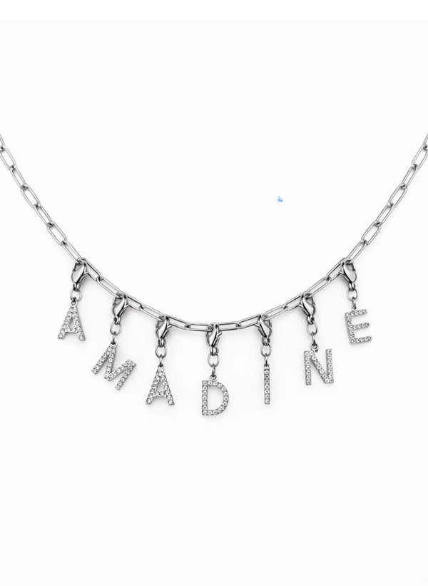 Collier prénom charms lettres strass - argenté