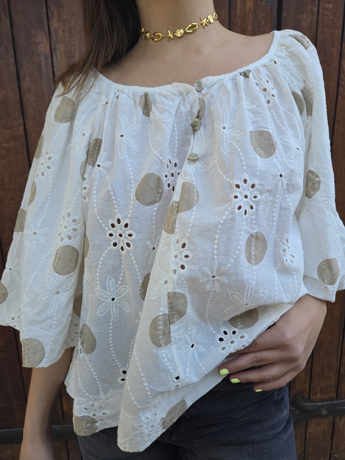 Blouse épaules dénudées pois