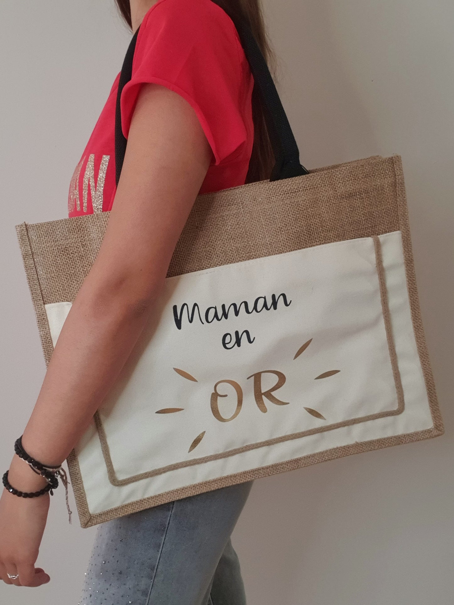 Grand sac cabas MAMAN EN OR - 100 % lin