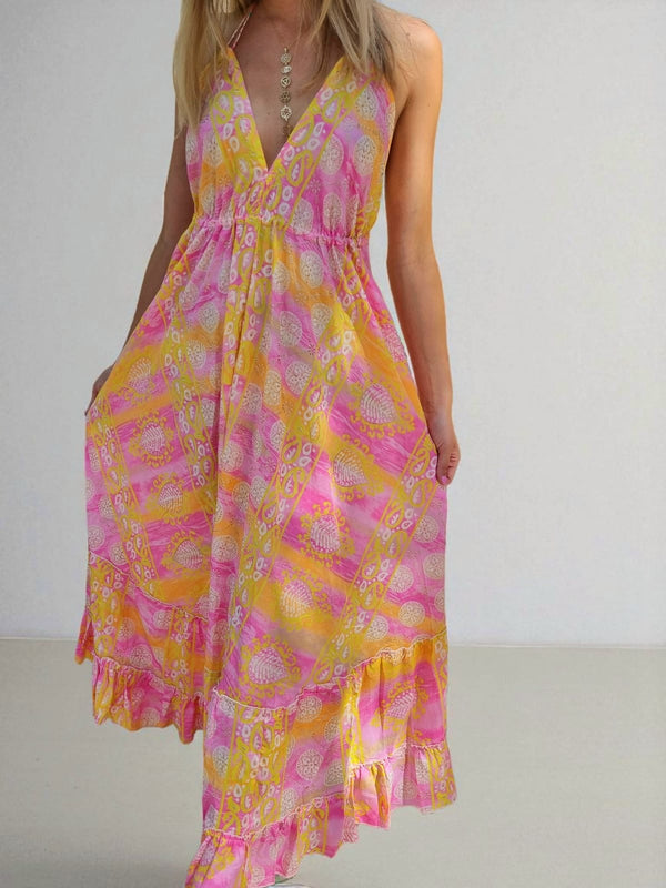 Robe en soie dos nu - jaune/rose