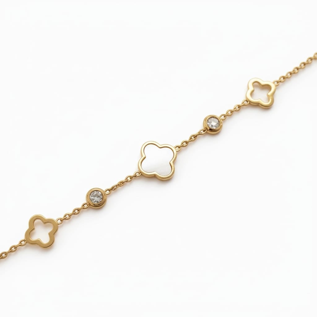 Bracelet trèfle & zircons - doré/nacre