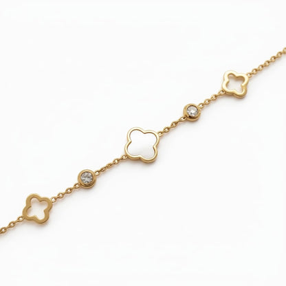 Bracelet trèfle & zircons - doré/nacre