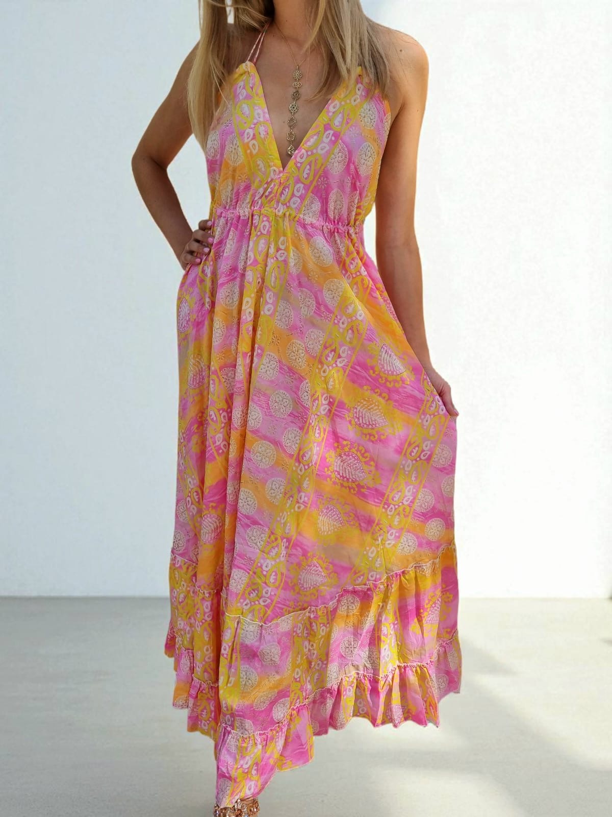 Robe en soie dos nu - jaune/rose