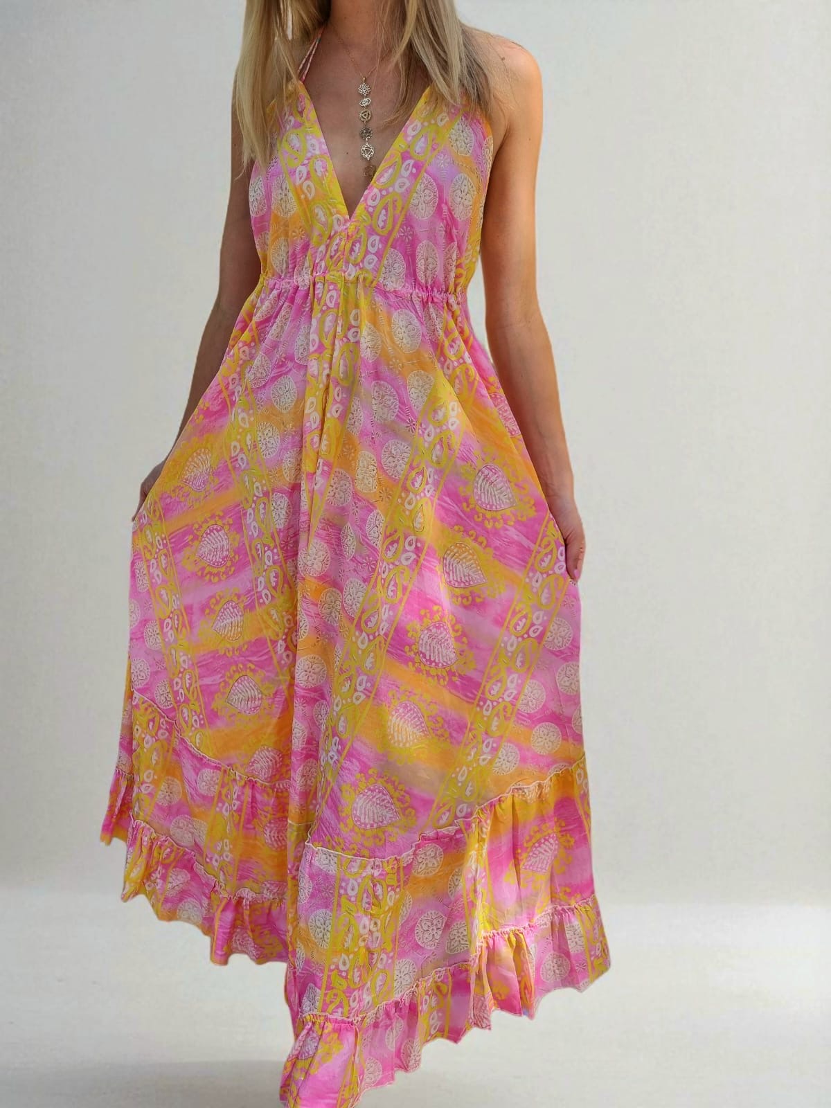 Robe en soie dos nu - jaune/rose