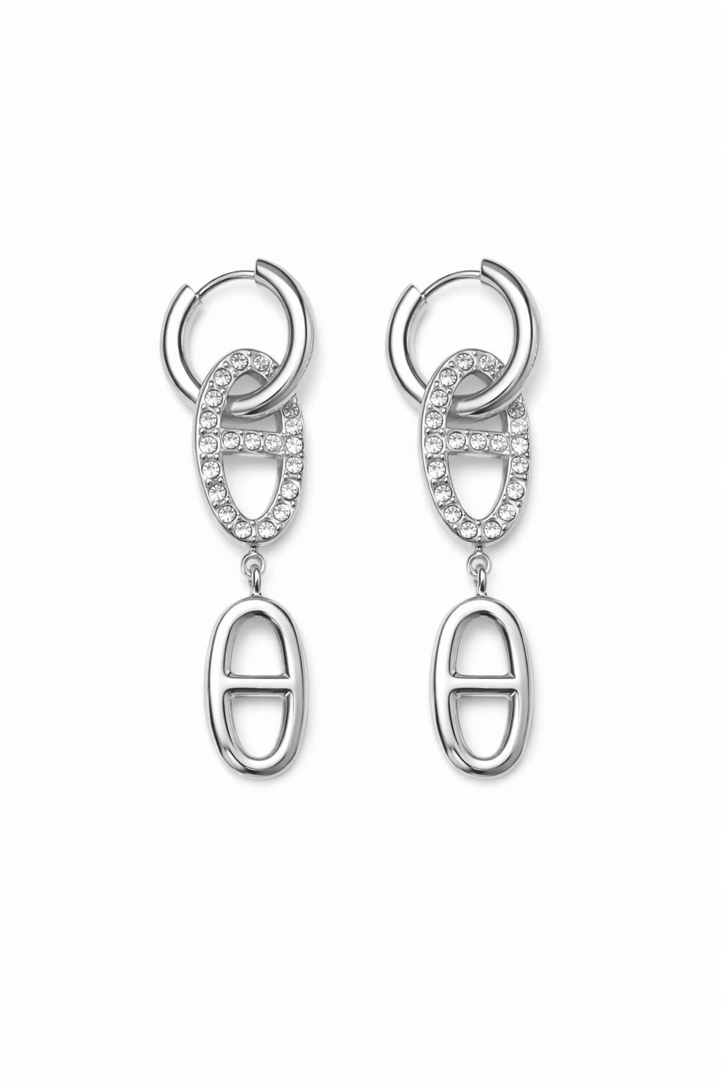 Boucles d’oreilles pendantes maille marine zircons - argenté