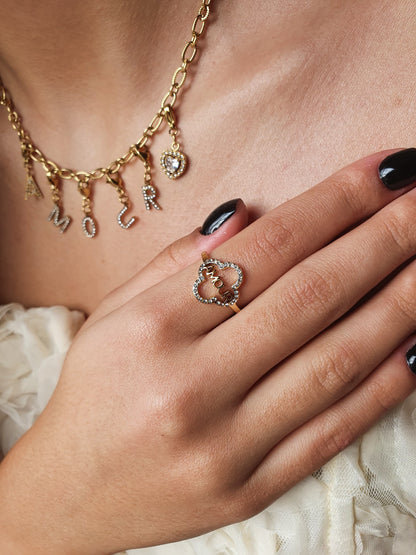 Bague AMOUR trèfle zircons - doré
