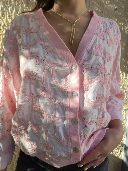 Gilet crochet fleurs oversize - rose