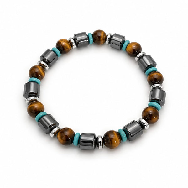 Bracelet pierres naturelles ŒIL DE TIGRE TURQUOISE & HÉMATITE