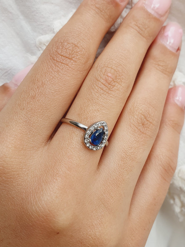 Bague goutte bleu contour zircon - argenté