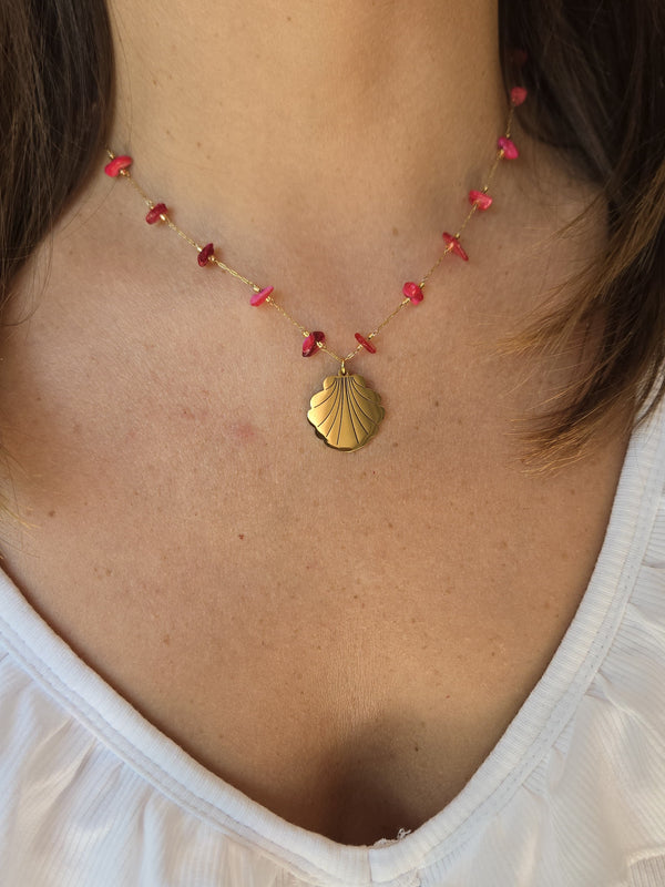Collier éclats de pierres et coquillage - rouge