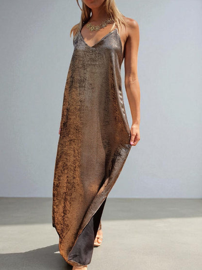Robe longue bretelles croisées & perlées - bronze
