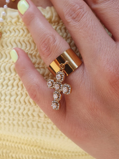 Bague breloque croix zircons de luxe