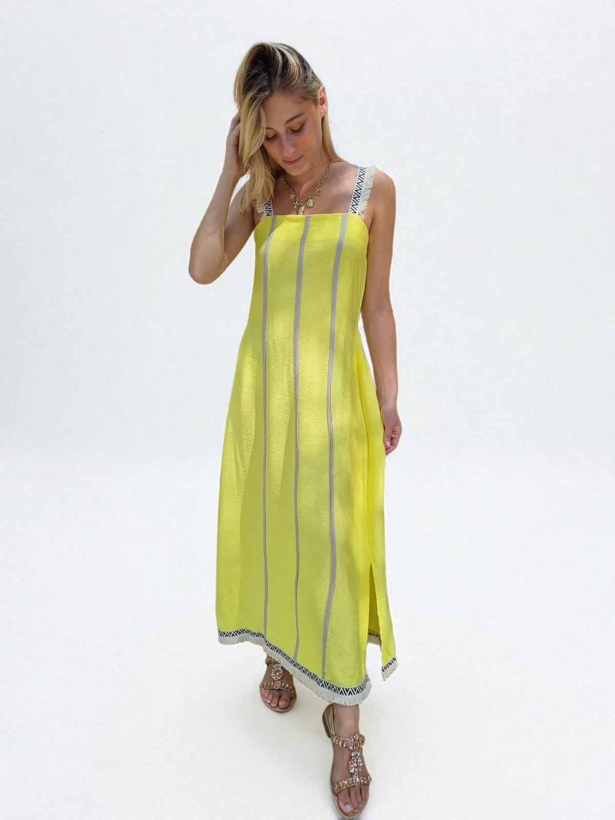 Robe longue bretelles franges - jaune