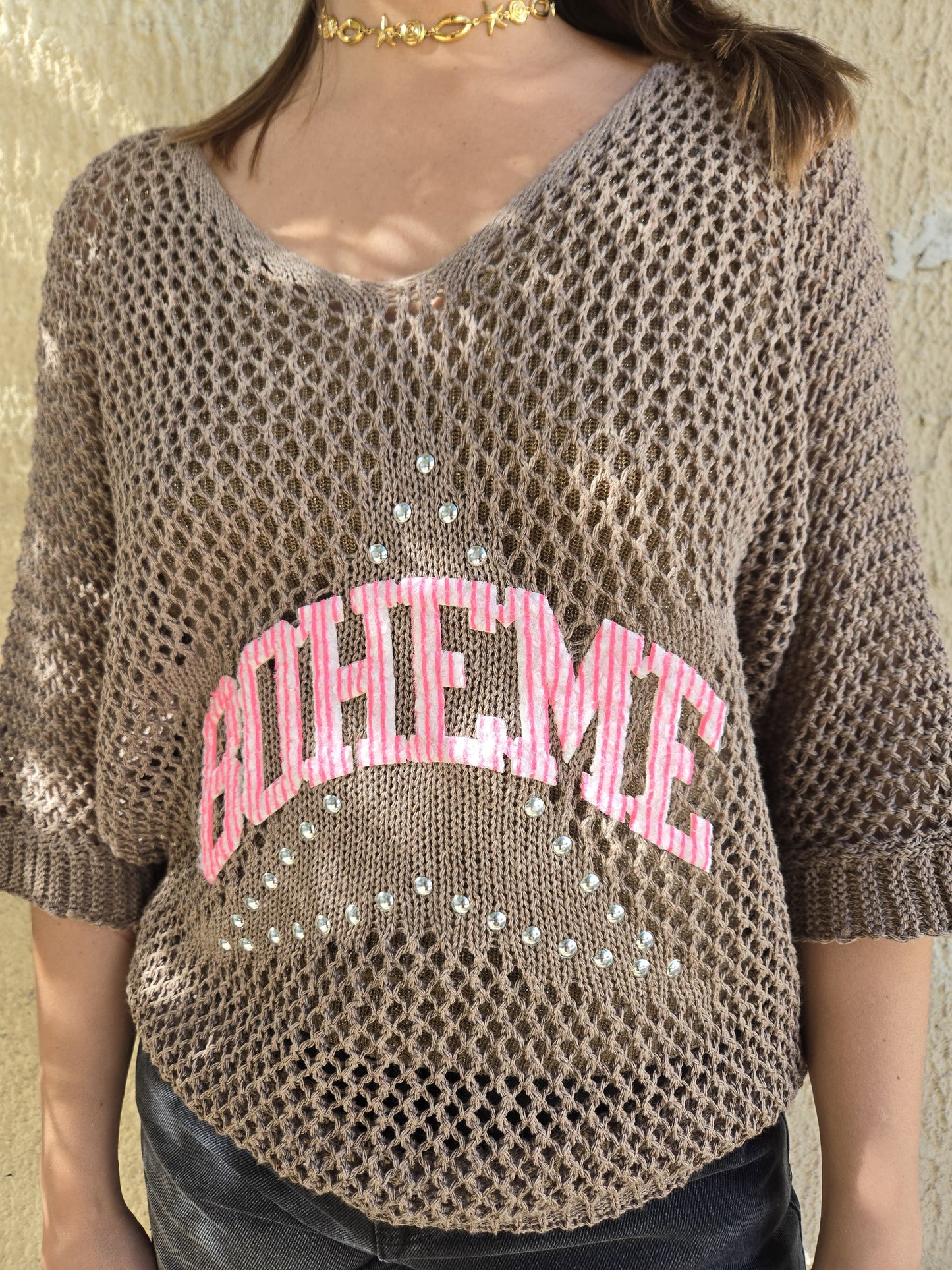 Blouse maille bohème - taupe