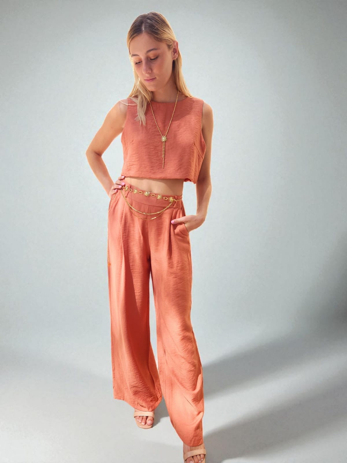 Ensemble Palazzo & Crop Top en Lin & Coton - Terracotta