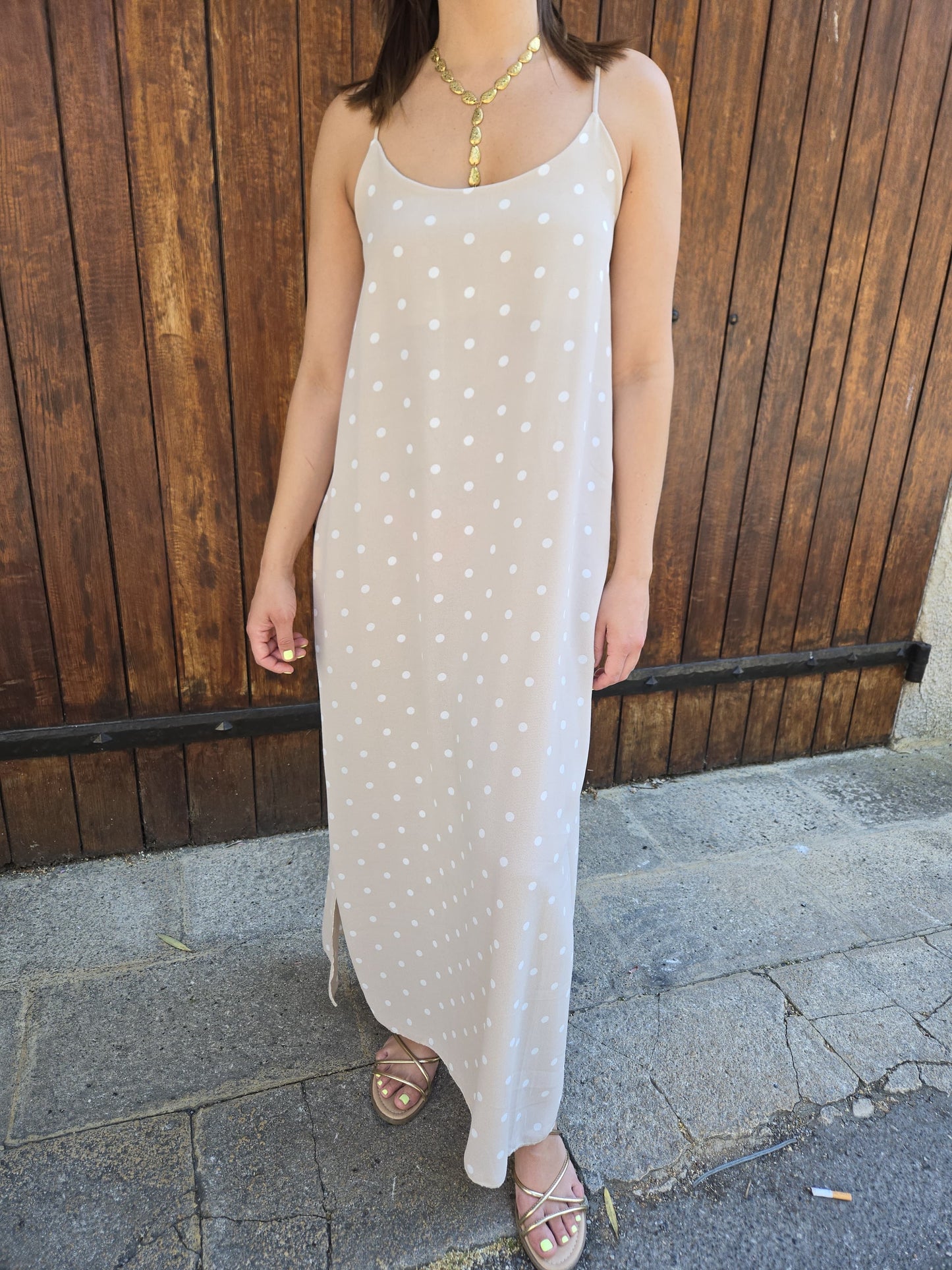 Robe longue à pois - beige