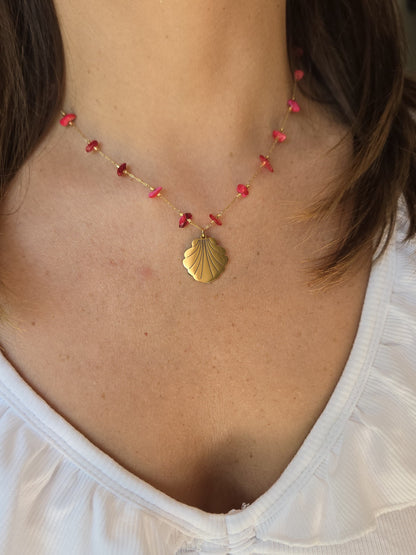 Collier éclats de pierres et coquillage - rouge