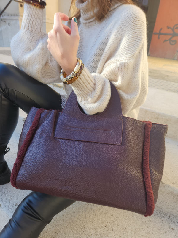 Grand sac cabas similicuir - prune bordeaux