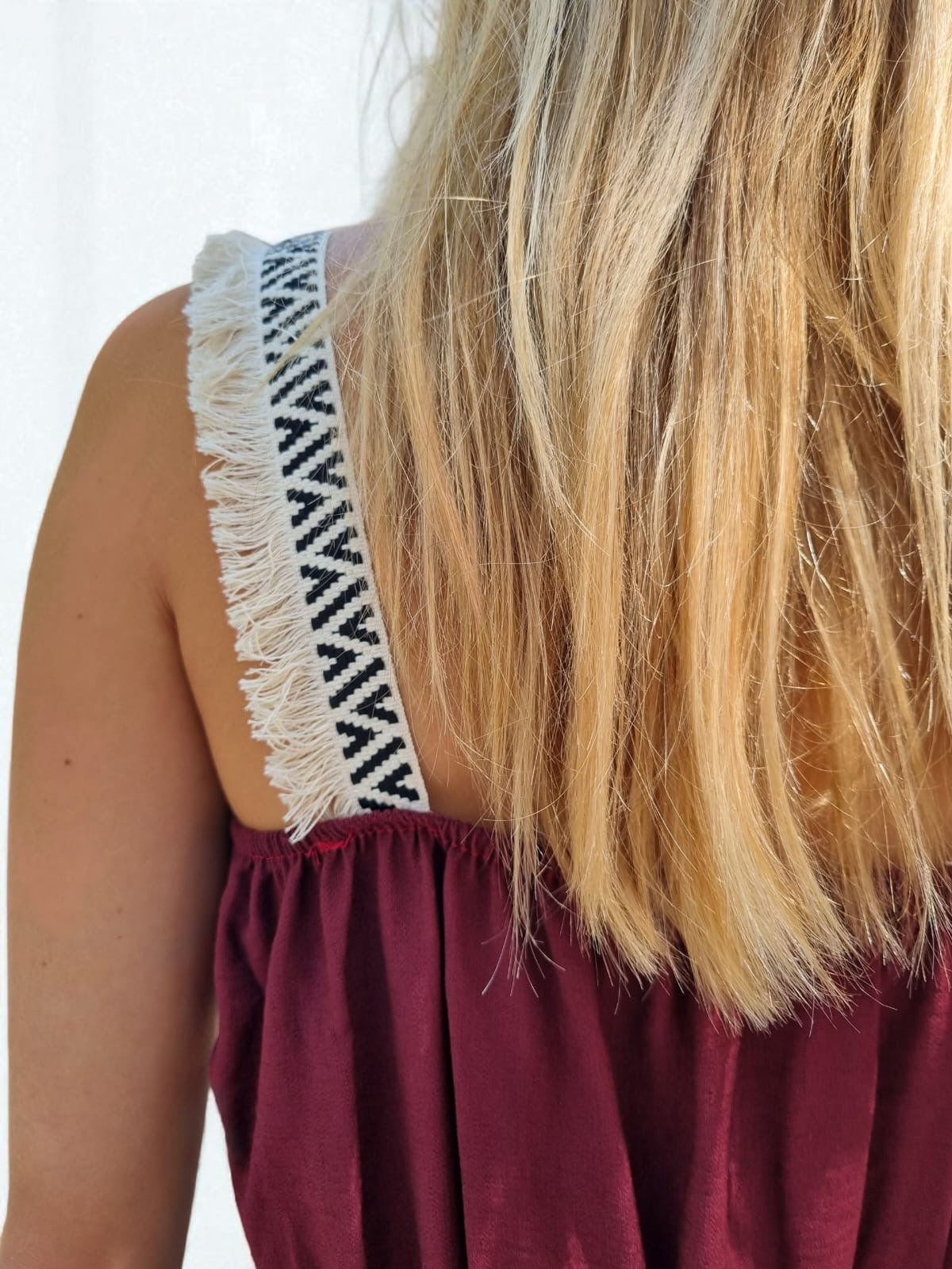 Robe longue bretelles franges - bordeaux