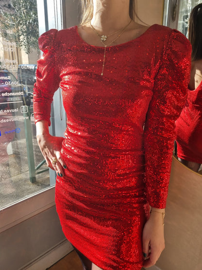 Robe de soirée dos nu sequins épaules bouffantes - rouge