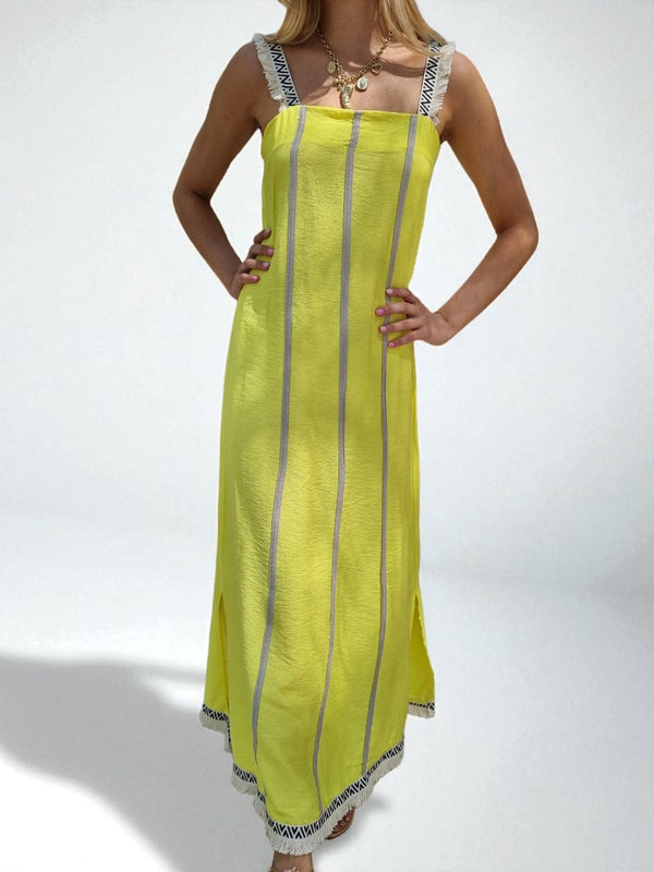 Robe longue bretelles franges - jaune