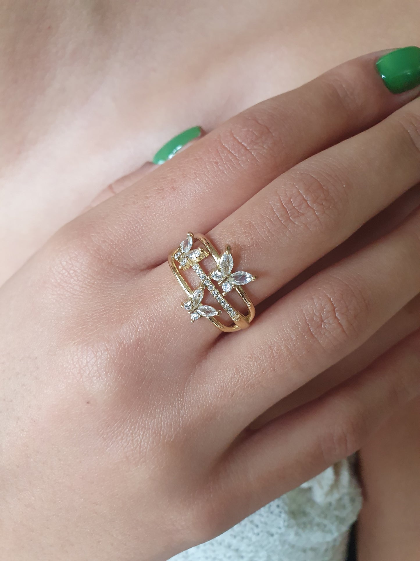 Bague triple rang papillons et zircon- doré