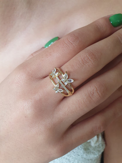 Bague triple rang papillons et zircon- doré