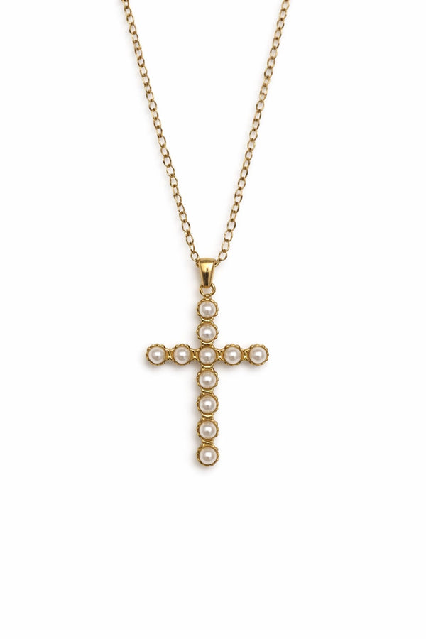 Collier croix perlée - doré