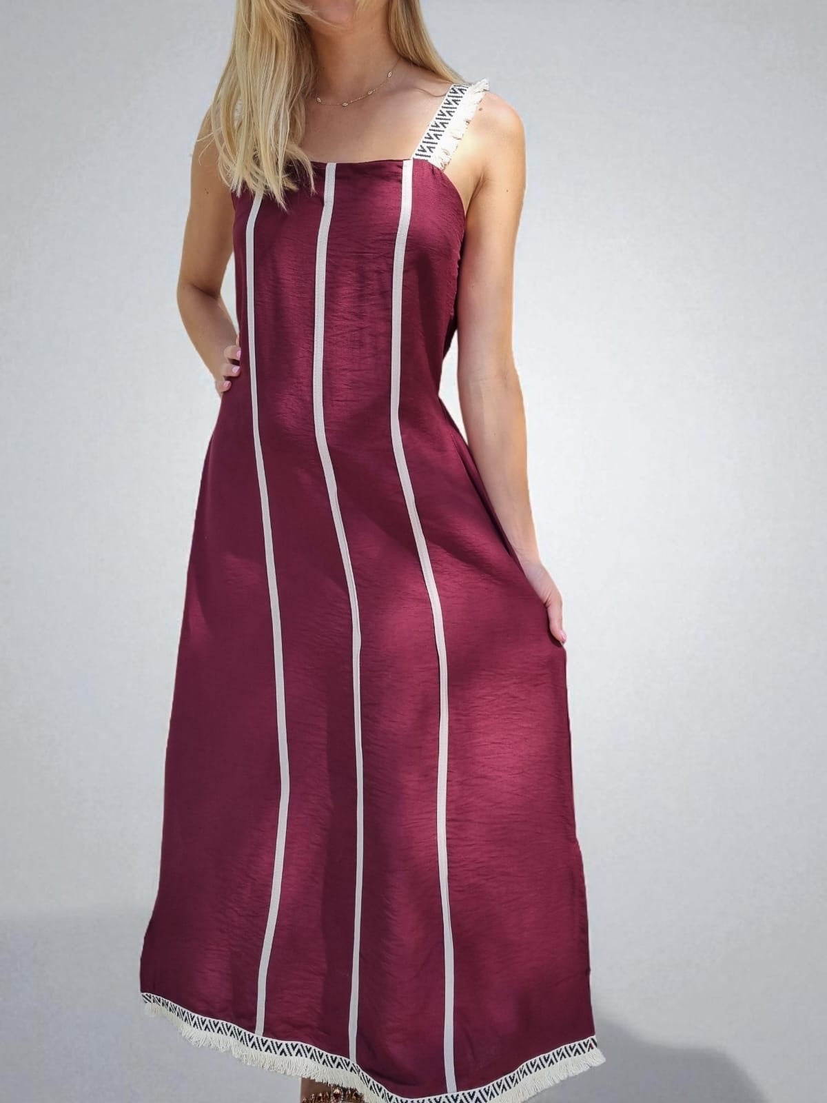 Robe longue bretelles franges - bordeaux