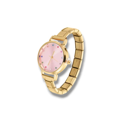 Montre Bracelet Italien à personnaliser – TEMIS – Dorée (cadran rose)