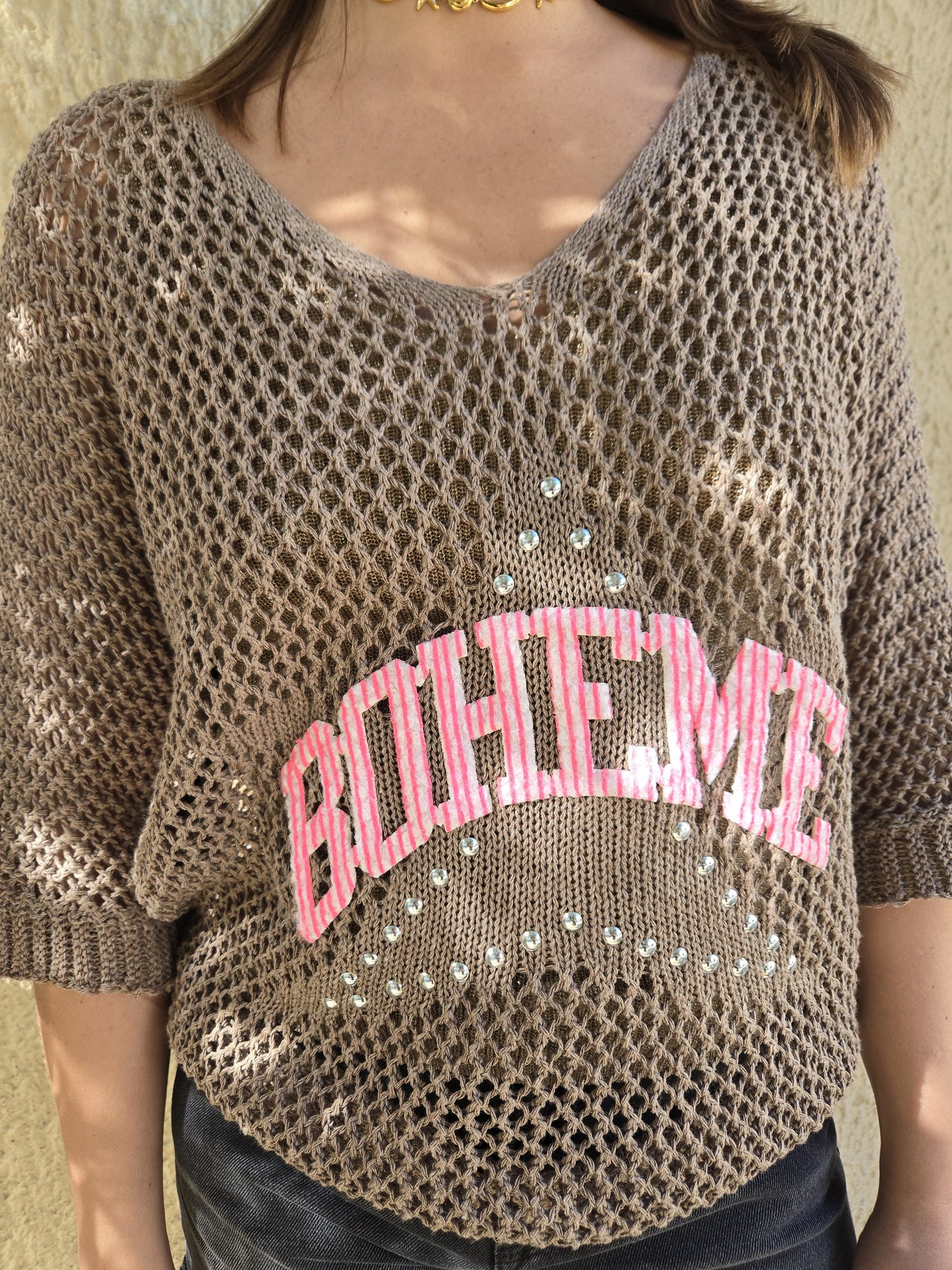 Blouse maille bohème - taupe