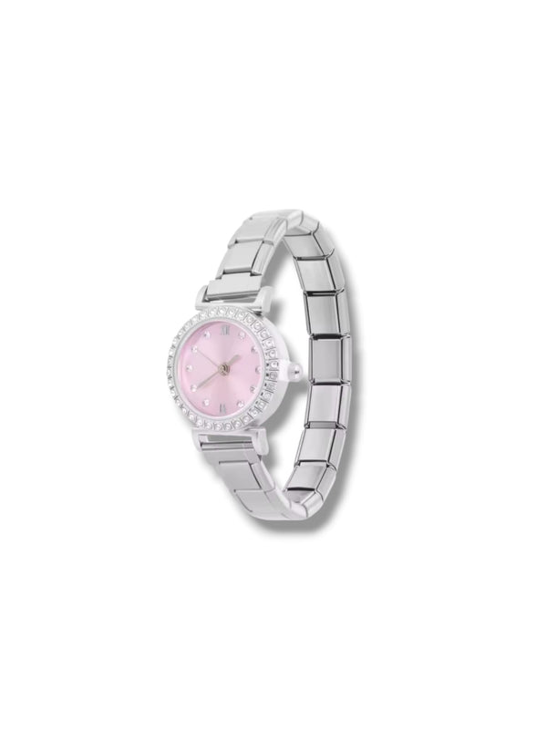 Montre Bracelet Italien à personnaliser – CHRONA – Argentée (cadran rose)