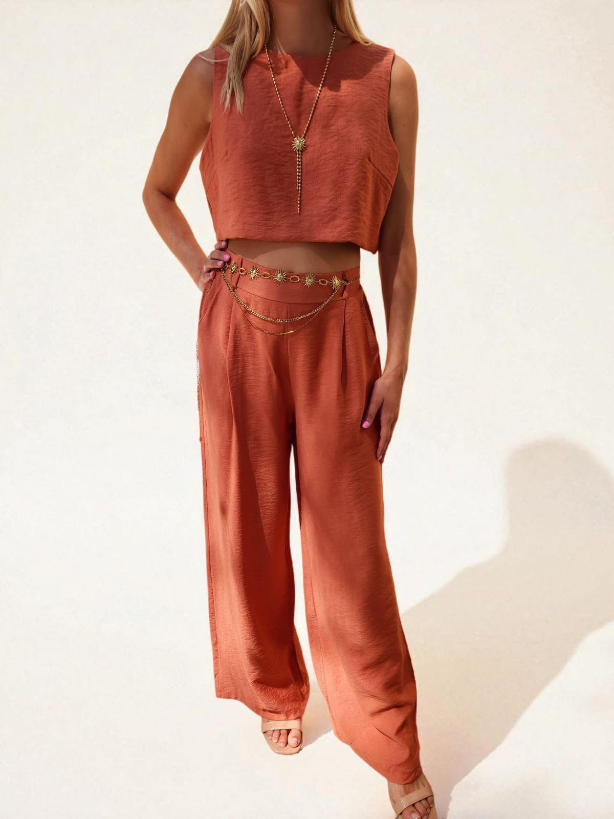 Ensemble Palazzo & Crop Top en Lin & Coton - Terracotta